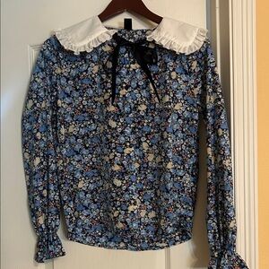 SHEIN Blue Floral Blouse with White Ruffled Collar
